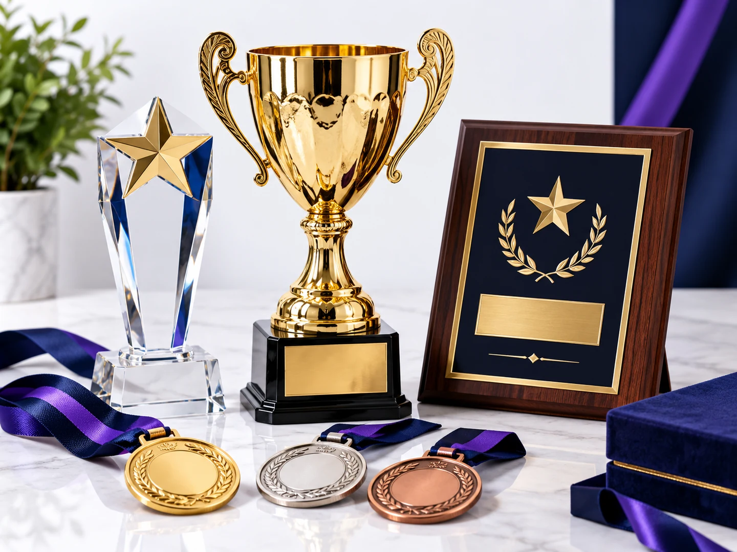 Gold trophies, crystal awards and medals for recognition events