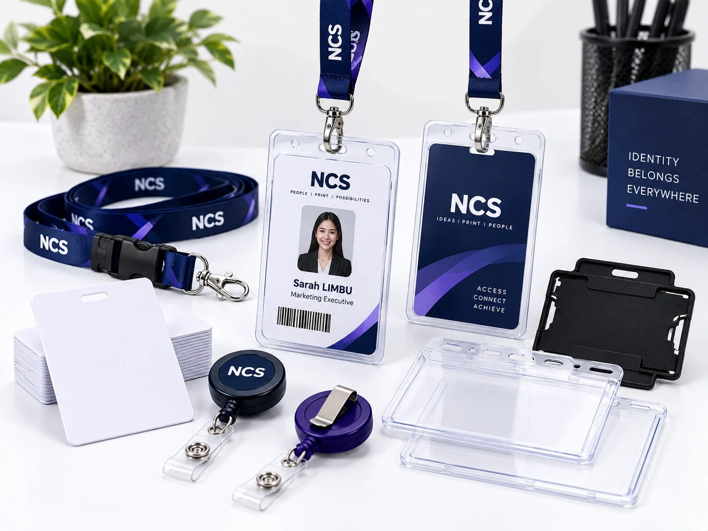 Professional staff ID cards, lanyards and badge accessories